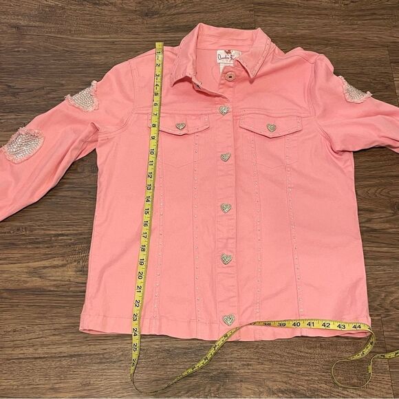 Quacker Factory Denim Button Down Jacket  Distressed Rhinestone Hearts Pink S - Picture 13 of 15